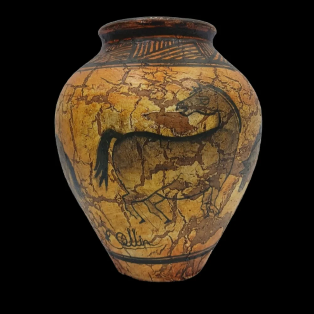 *RARE Vintage Solis Ollin signed Pottery Vase, Horse Design Mexican Pottery